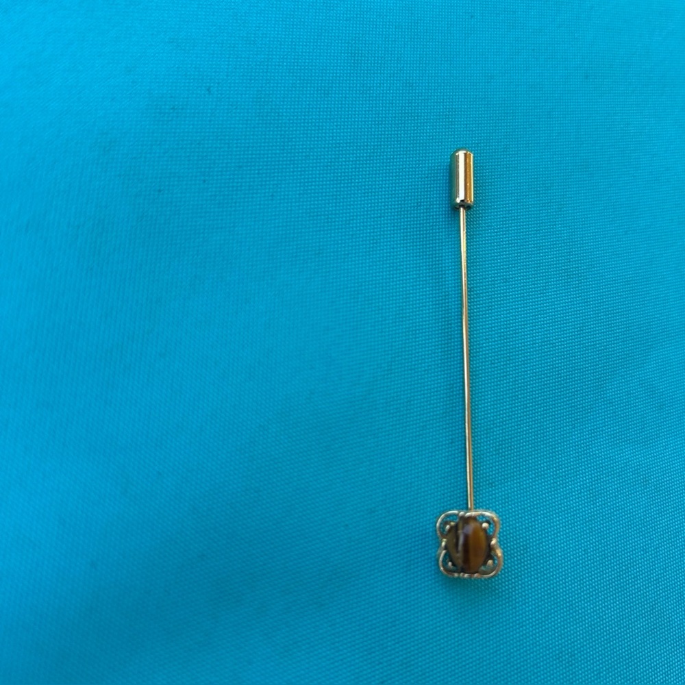 Vintage  Stick Pin Hat Lapel Brooch Gold Tone Tigers Eye MCM Hatpin.